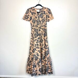 Anthropologie Somerset Style Floral Maxi Dress Tan Blue Cotton XS